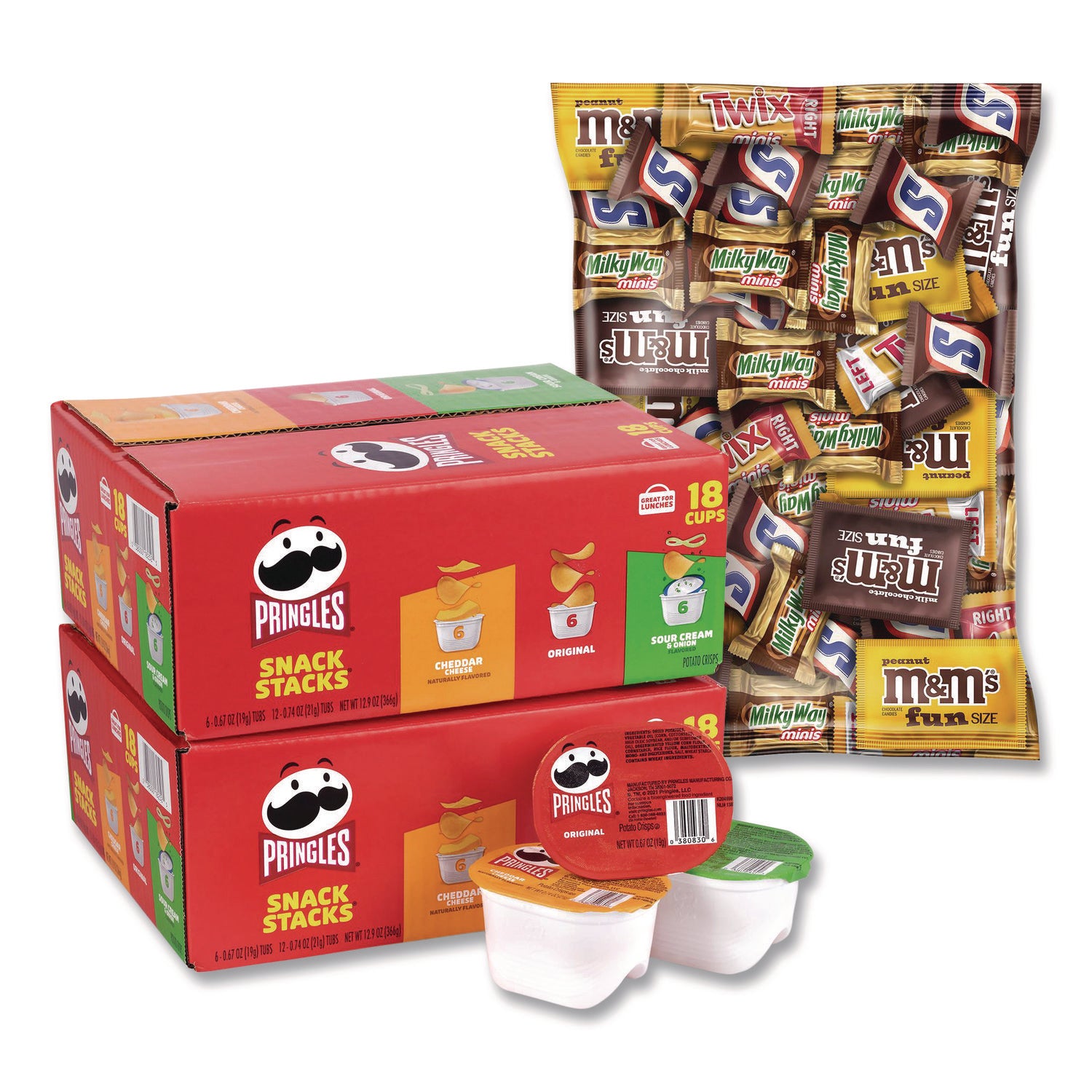 MARS Mini Milk Chocolate and Pringles Snack Stacks Variety Combo Pack, 62 oz Bag Mini/Fun Size, (36) Cups Assorted Flavors/Bundle