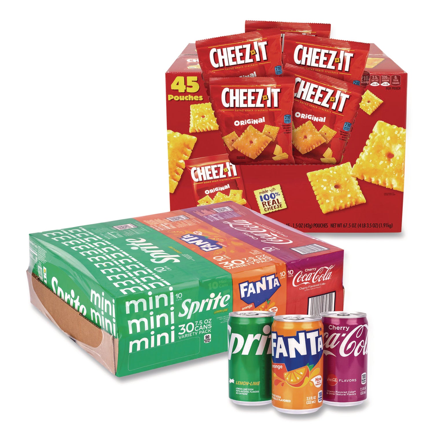 Coca-Cola® Soda Mini Variety and Cheez-It Combo Pack, (30) 7.5 oz Cans Assorted Flavors, (45) 1.5 oz Pouch Original Cheez-It/Bundle