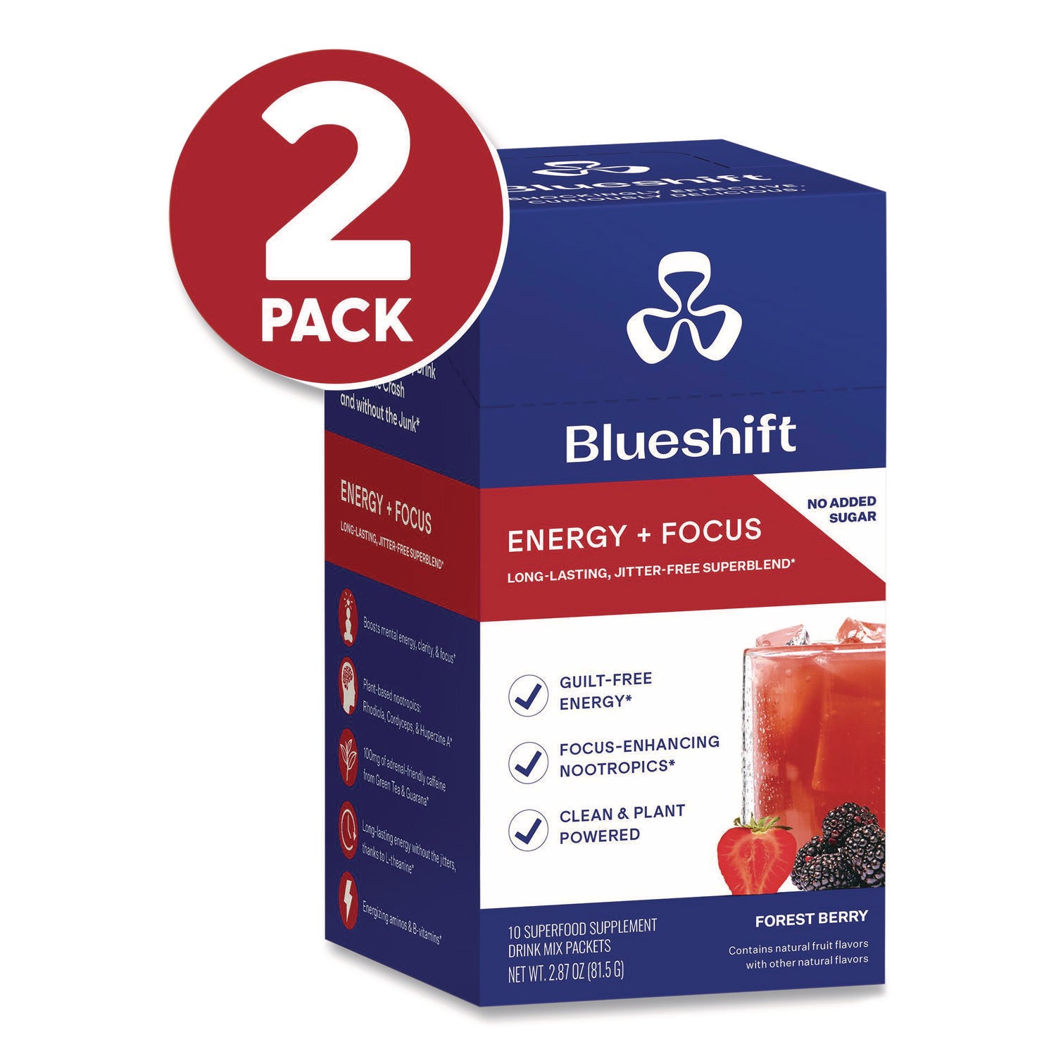 Blueshift Energy and Focus Forest Berry Drink Mix, 0.24 oz Packets, 10/Pack, 2 Packs/Carton