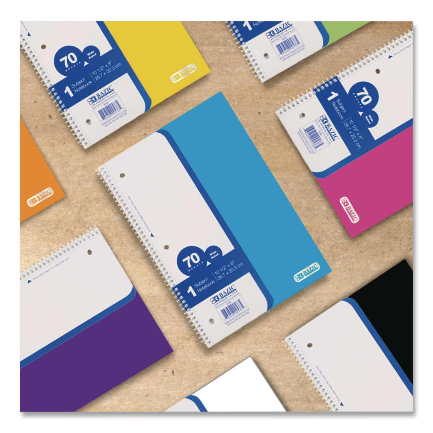 BAZIC® Products Spiral Notebooks, 1-Subject, Wide/Legal Rule, Randomly Assorted Cover Color, (70) 10.5 x 8 Sheets