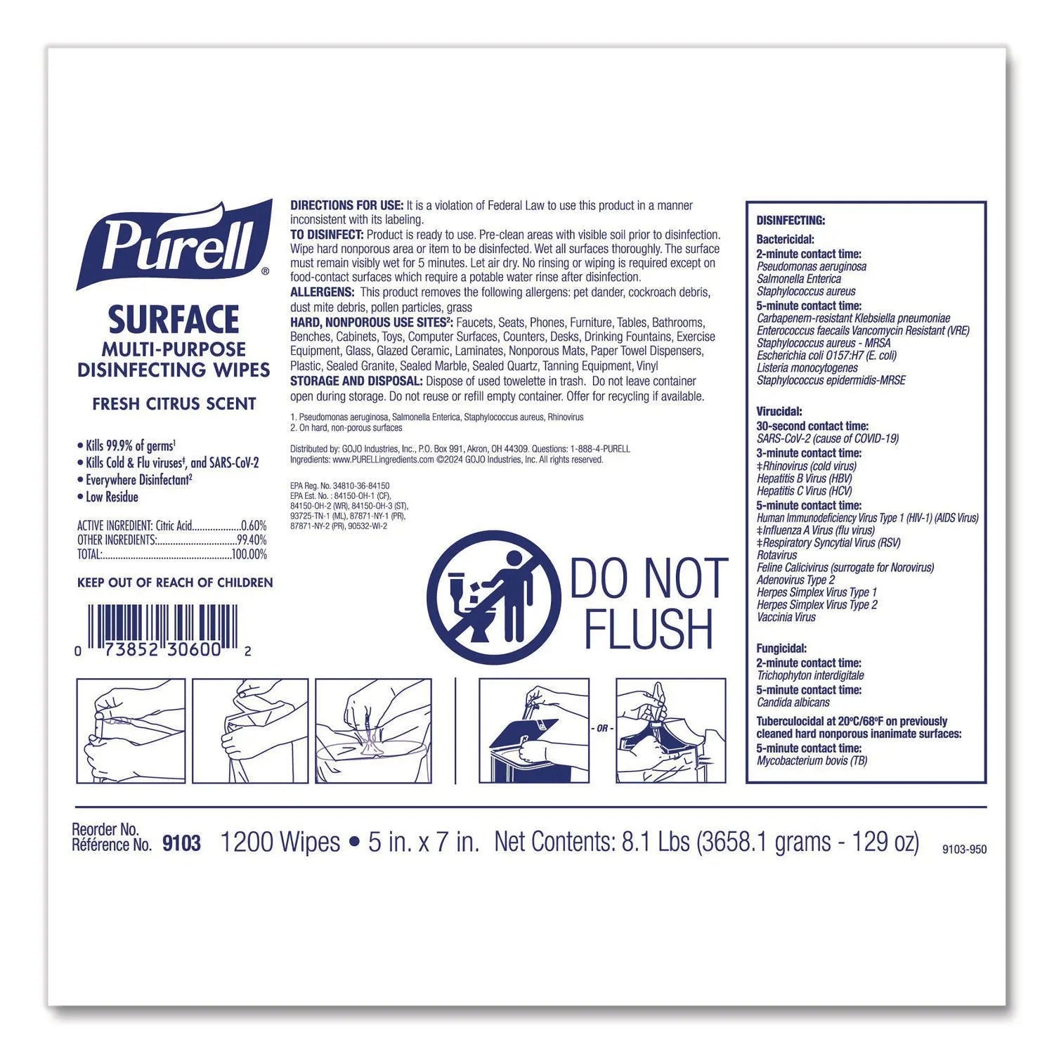 PURELL® Surface Multi-Purpose Disinfecting Wipes 1-Ply 5 x 7 Fresh Citrus White 2-Carton PURELL® Flipcost