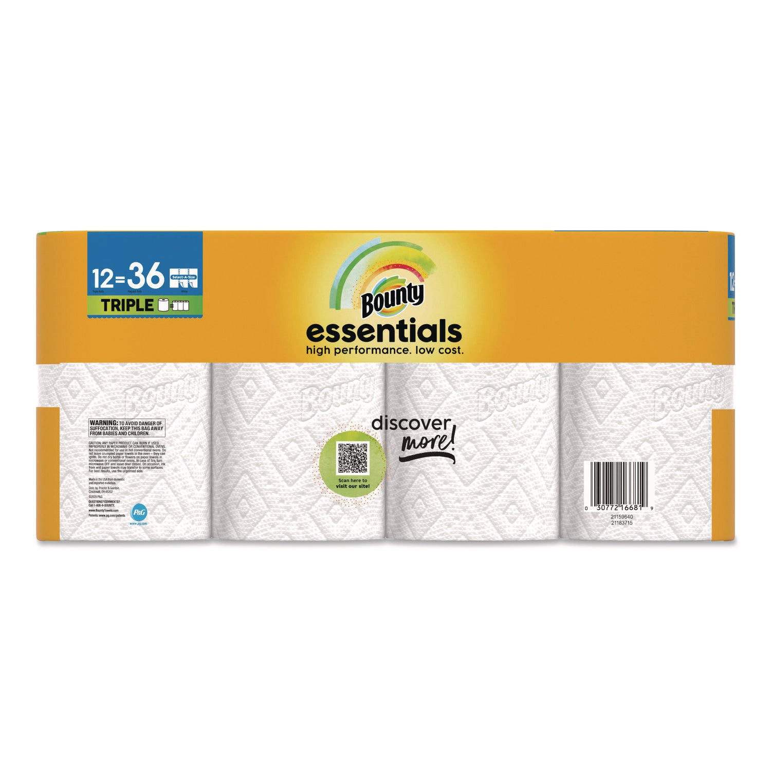 Bounty® Essentials Select-A-Size Kitchen Roll Paper Towels, 2-Ply, 5.9 x 11, White, 162 Sheets/Triple Roll, 12 Rolls/Carton