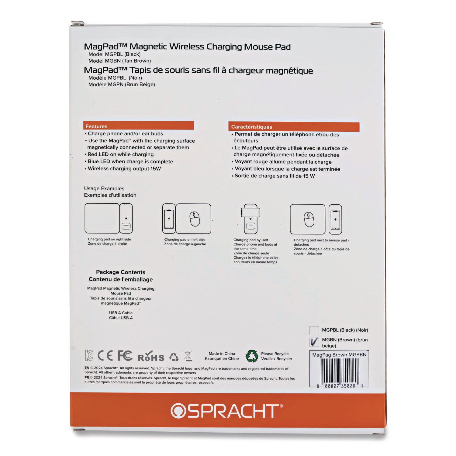 Spracht MagPad Charger and Mouse Pad, Brown