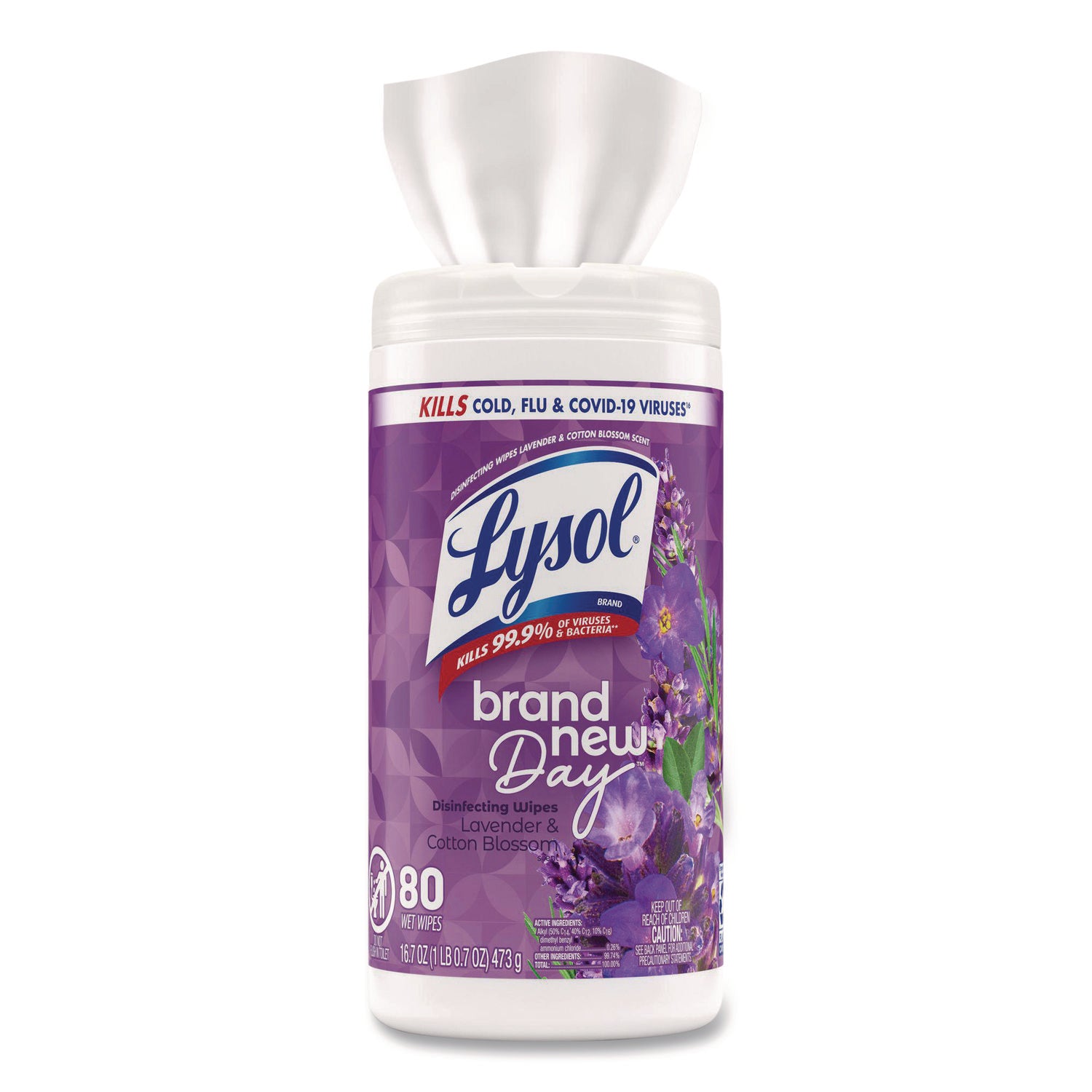 LYSOL® Brand Disinfecting Wipes, 1-Ply, 7 x 7.25, Lavender and Cotton Blossom, White, 80 Wipes/Canister, 6 Canisters/Carton