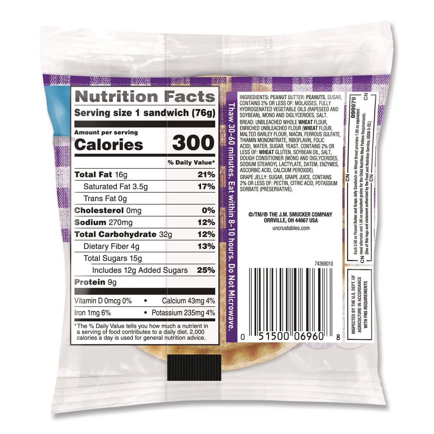 Smucker's® UNCRUSTABLES Soft Bread Sandwiches Wheat Bread Peanut Butter and Grape 2.6 oz Bag 48-Carton Smucker's® Flipcost