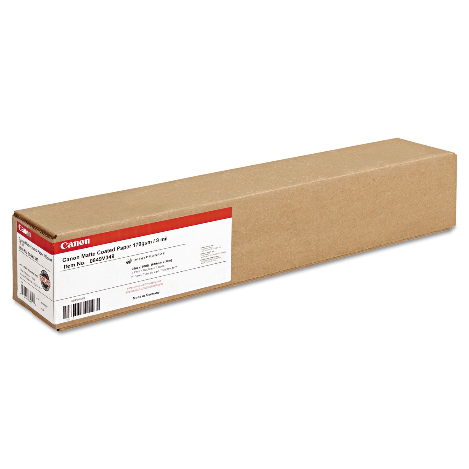 Canon® Matte Coated Paper Roll, 2" Core, 8 Mil, 24" X 100 Ft, Matte White