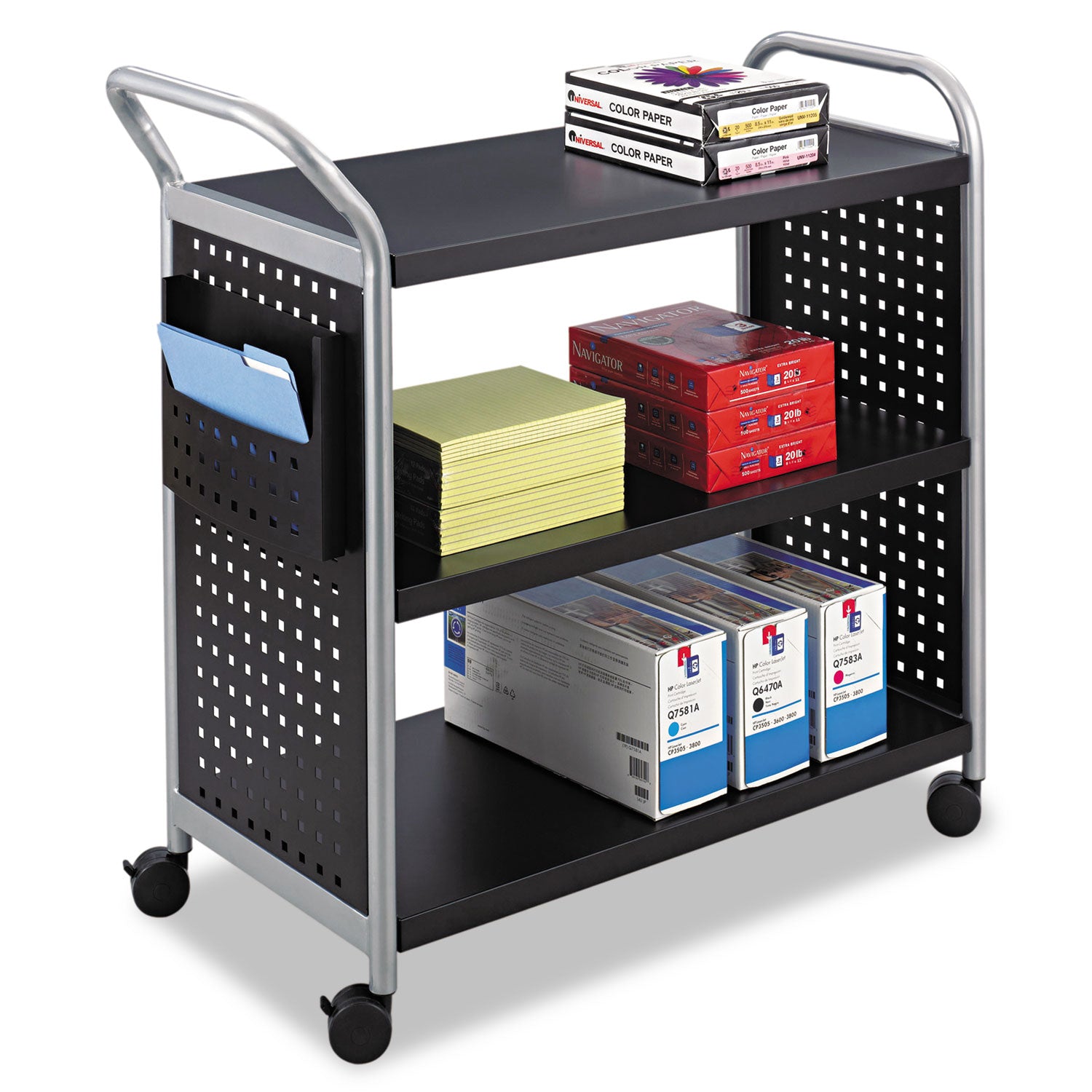 Safco® Scoot Three Shelf Utility Cart, Metal, 3 Shelves, 1 Bin, 300 lb Capacity, 31" x 18" x 38", Black/Silver