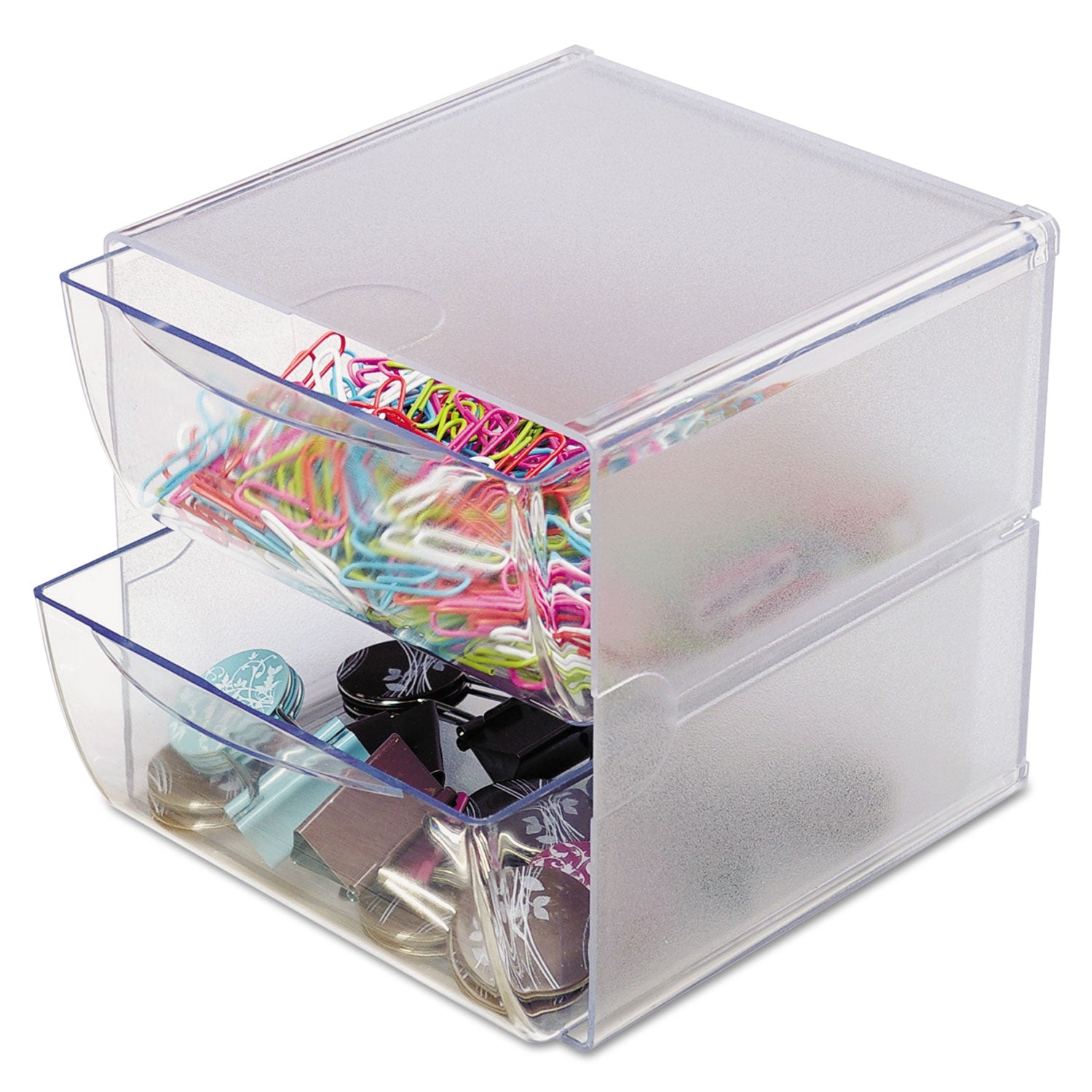 deflecto® Stackable Cube Organizer, 2 Compartments, 2 Drawers, Plastic, 6 x 7.2 x 6, Clear