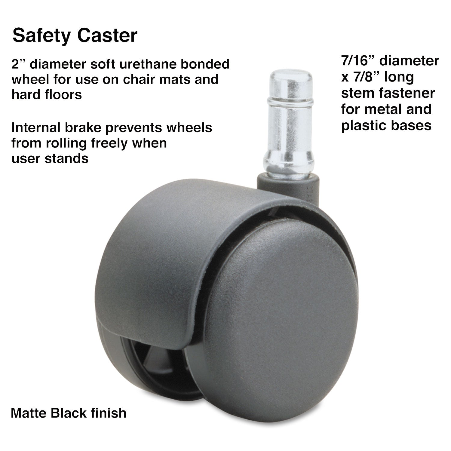 Safety Casters, Standard Neck, Grip Ring Type B Stem, 2" Soft Polyurethane Wheel, Matte Black, 5/Set