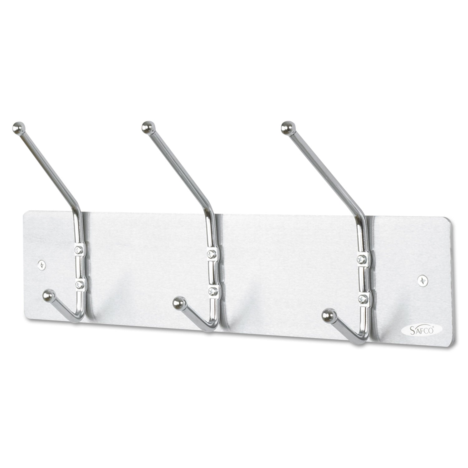 Safco® Metal Wall Rack, Three Ball-Tipped Double-Hooks, Metal, 18w x 3.75d x 7h, Satin