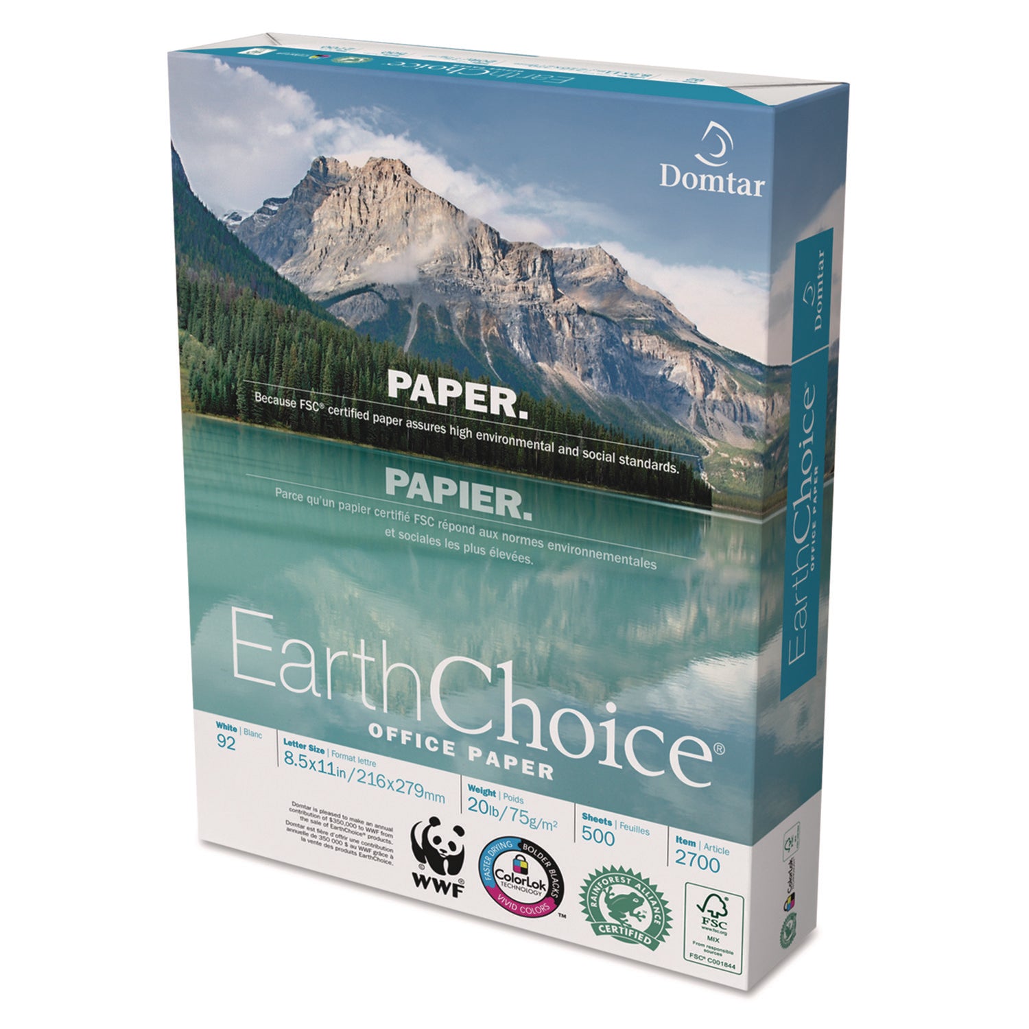 Domtar EarthChoice Office Paper, 92 Bright, 20 lb Bond Weight, 8.5 x 11, White, 500 Sheets/Ream, 10 Reams/Carton