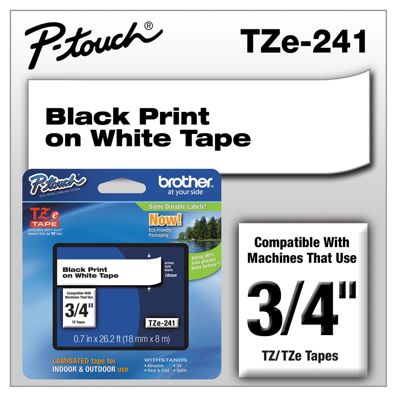 TZe Standard Adhesive Laminated Labeling Tape, 0.7" x 26.2 ft, Black on White