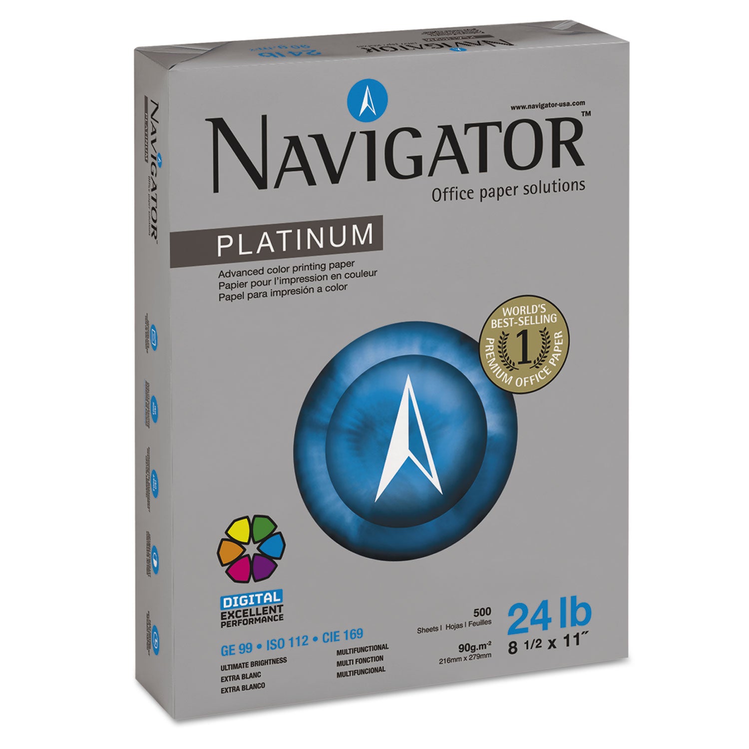 Navigator® Platinum Paper, 99 Bright, 24 lb Bond Weight, 8.5 x 11, White, 500 Sheets/Ream, 10 Reams/Carton