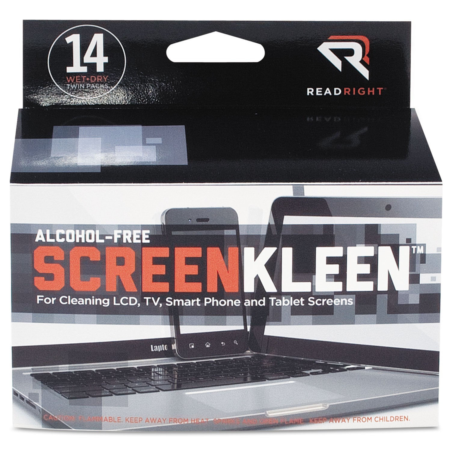 Read Right® ScreenKleen Alcohol-Free Wipes, Cloth, 5 x 5, Unscented, 14/Box