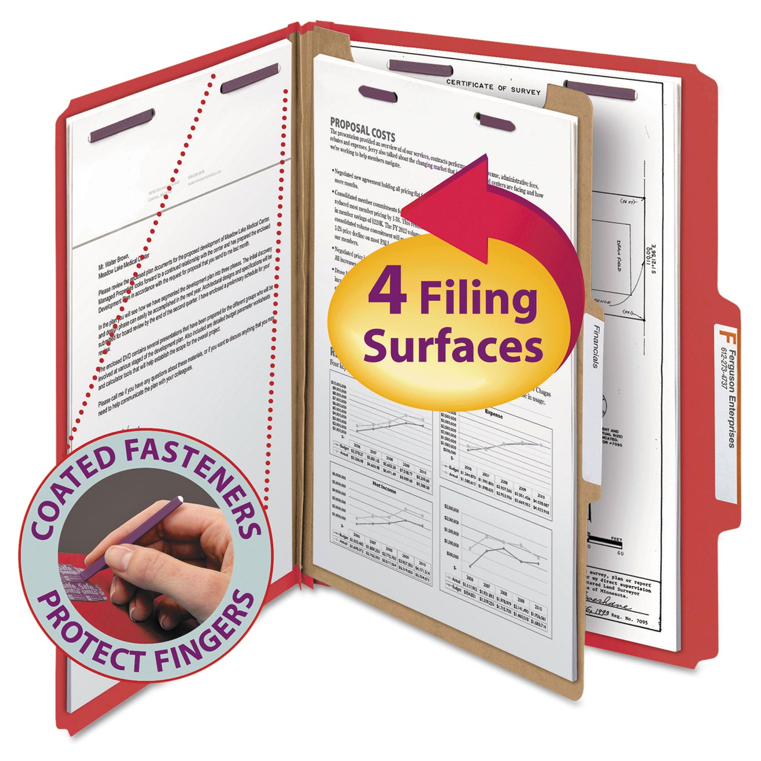 Smead Four-Section Pressboard Top Tab Classification Folders, Four SafeSHIELD Fasteners, 1 Divider, Letter Size, Bright Red, 10/Box