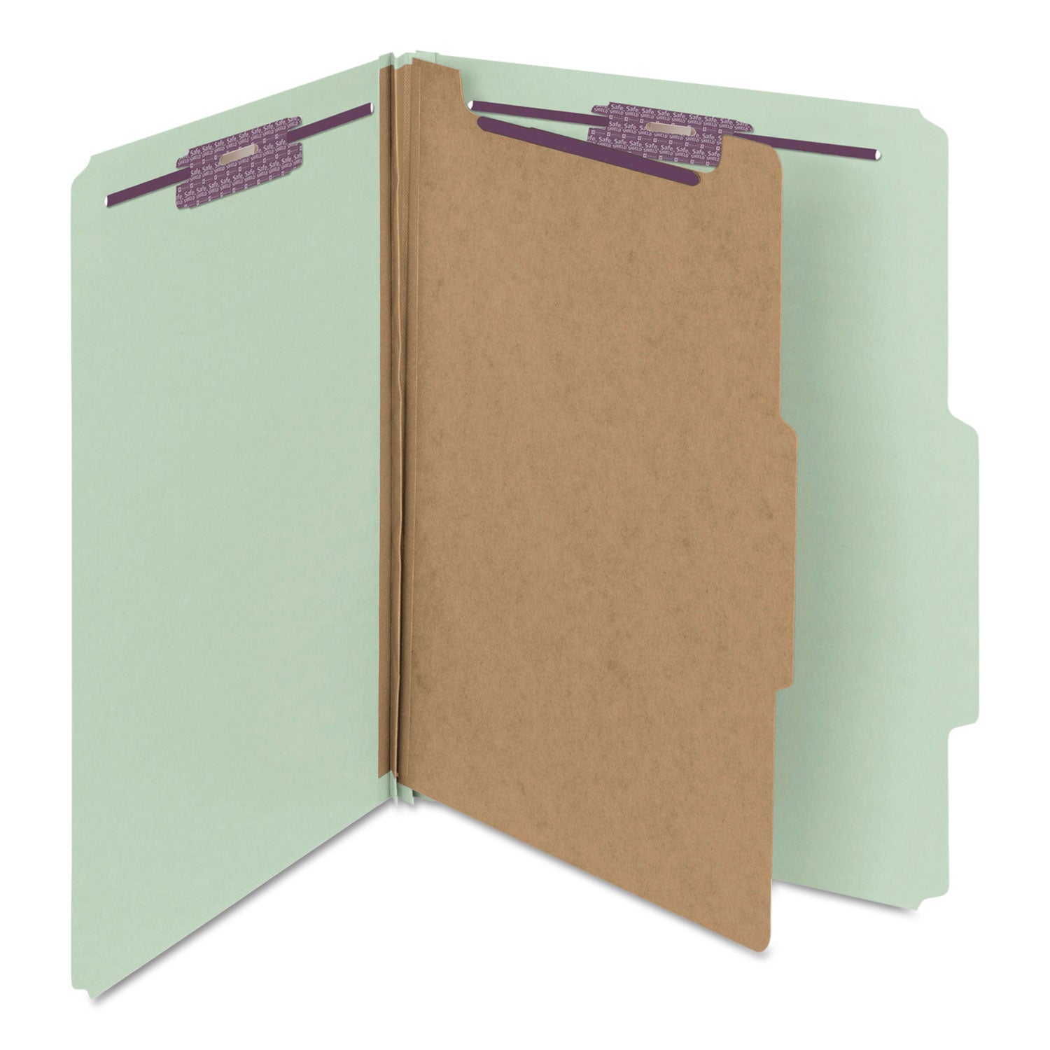 Smead Pressboard Classification Folders, Four SafeSHIELD Fasteners, 2/5-Cut Tabs, 1 Divider, Letter Size, Gray-Green, 10/Box