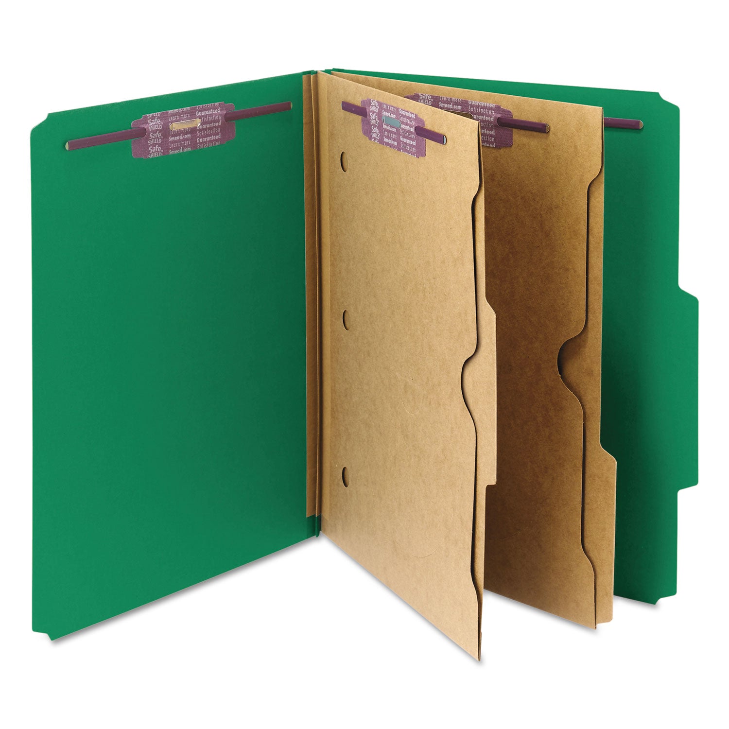 Smead 6-Section Pressboard Top Tab Pocket Classification Folders, 6 SafeSHIELD Fasteners, 2 Dividers, Letter Size, Green, 10/Box