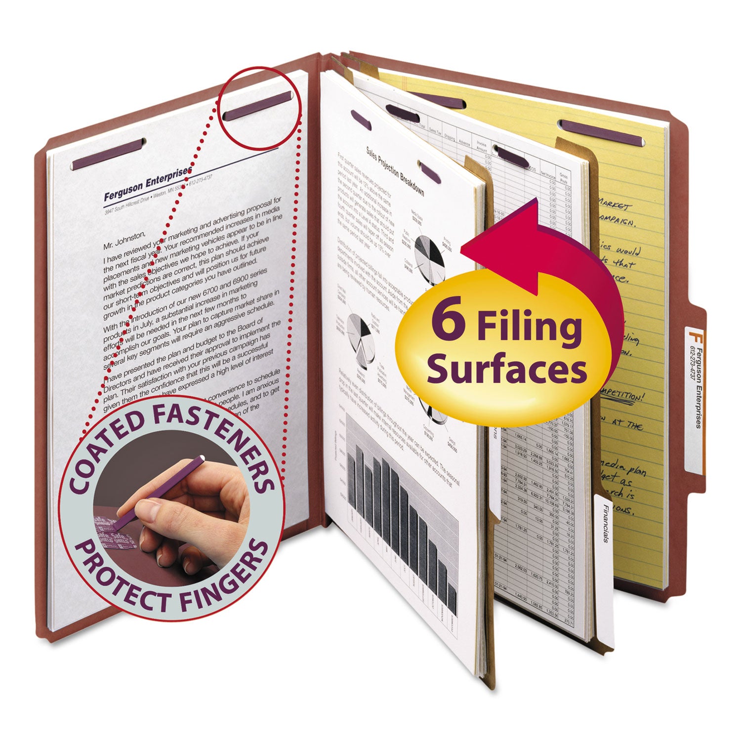 Smead Pressboard Classification Folders, Six SafeSHIELD Fasteners, 2/5-Cut Tabs, 2 Dividers, Letter Size, Red, 10/Box