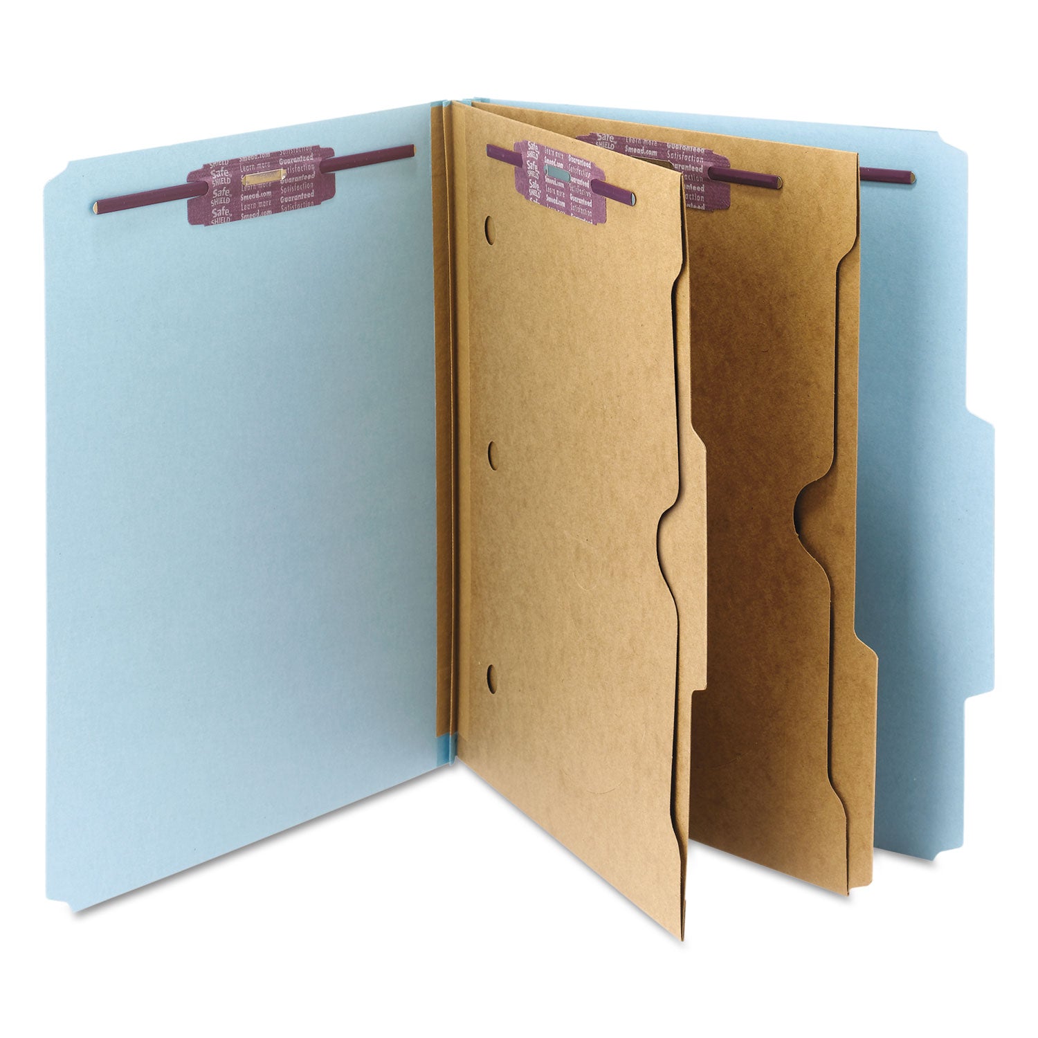 Smead 6-Section Pressboard Top Tab Pocket Classification Folders, 6 SafeSHIELD Fasteners, 2 Dividers, Letter Size, Blue, 10/Box