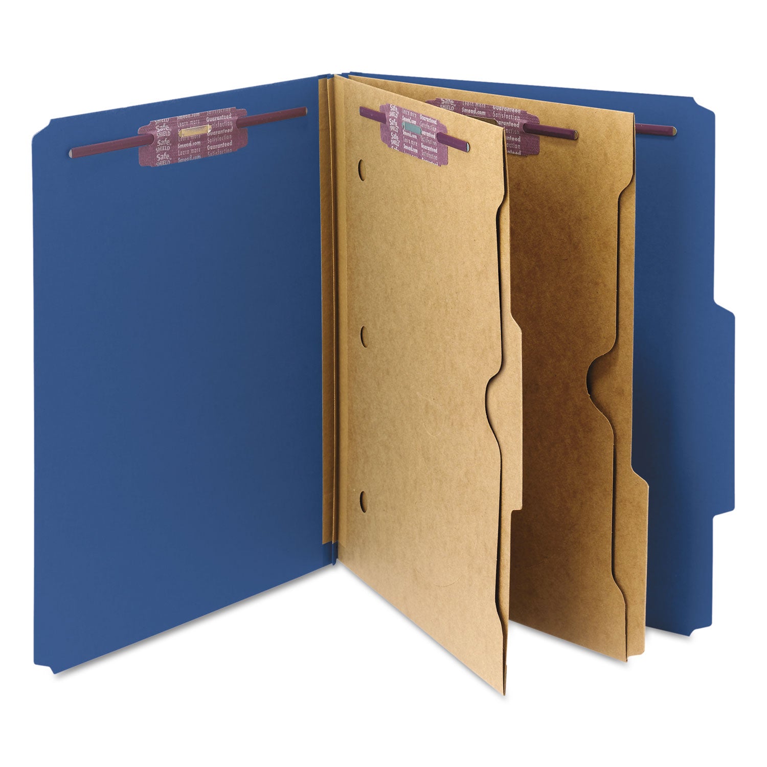 Smead 6-Section Pressboard Top Tab Pocket Classification Folders, 6 SafeSHIELD Fasteners, 2 Dividers, Letter Size, Dark Blue, 10/BX