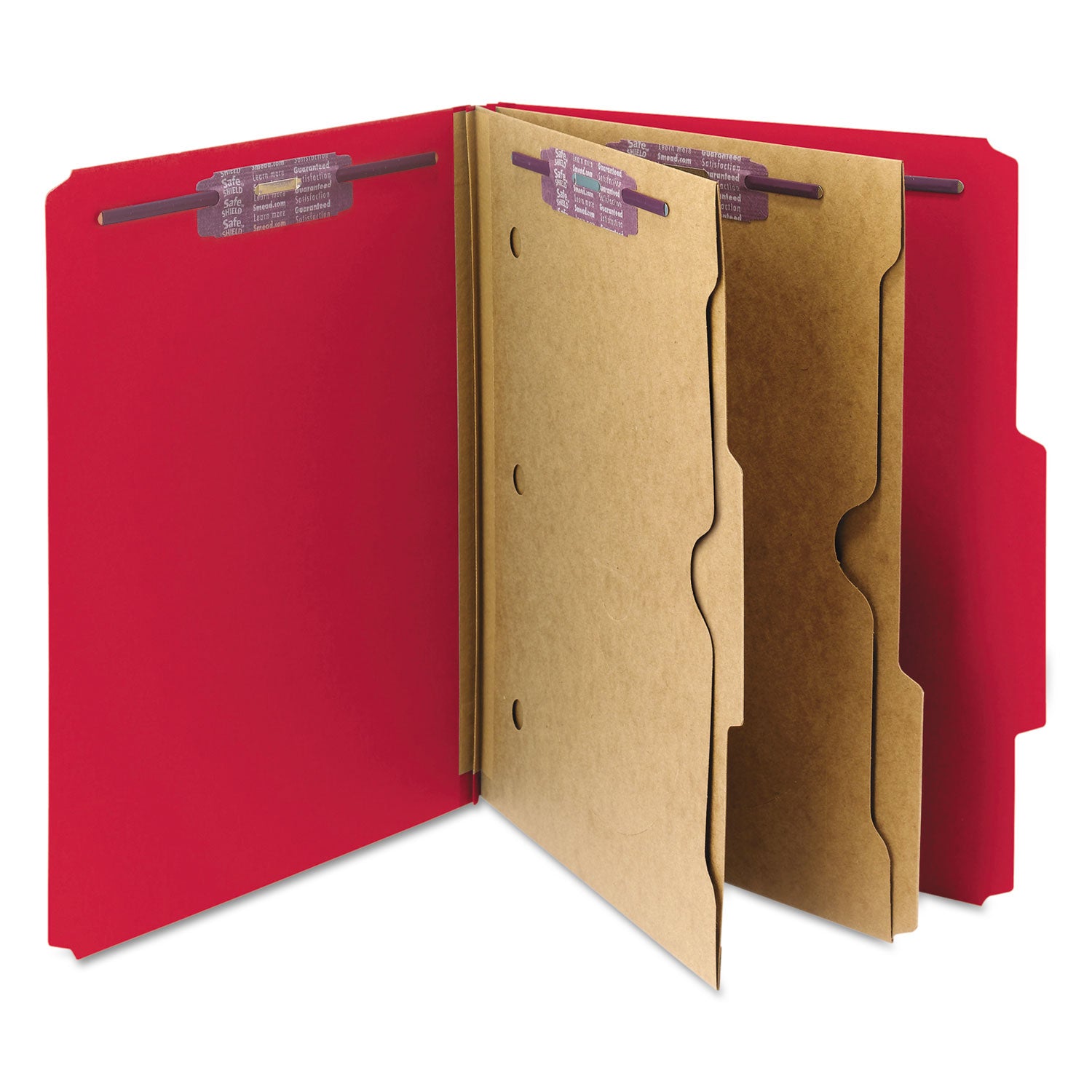 Smead 6-Section Pressboard Top Tab Pocket Classification Folders, 6 SafeSHIELD Fasteners, 2 Dividers, Letter Size, Bright Red,10/BX