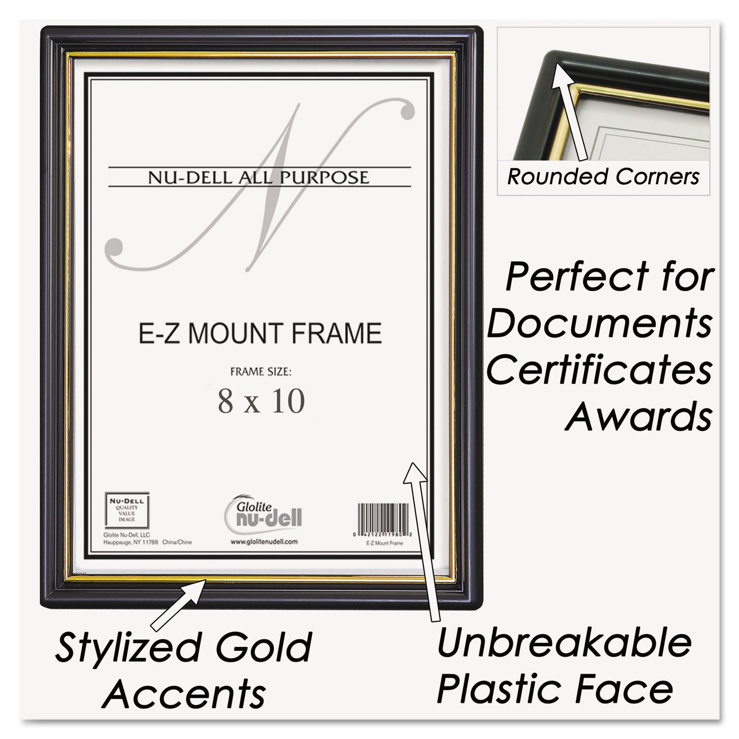 NuDell™ Ez Mount Document Frame With Trim Accent And Plastic Face, Plastic, 8 X 10, Black/gold