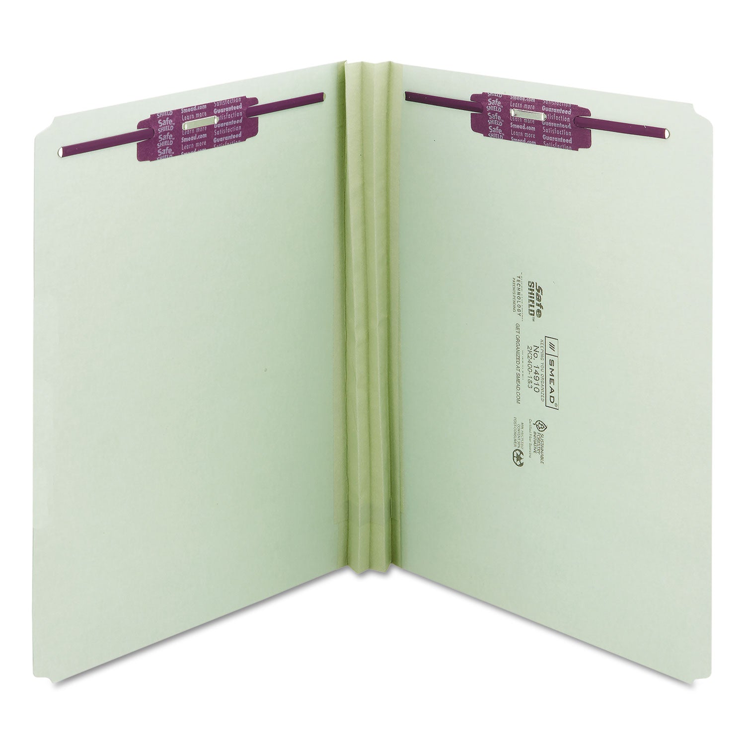 Smead Recycled Pressboard Fastener Folders, Straight Tabs, Two SafeSHIELD Fasteners, 2" Expansion, Letter Size, Gray-Green, 25/Box