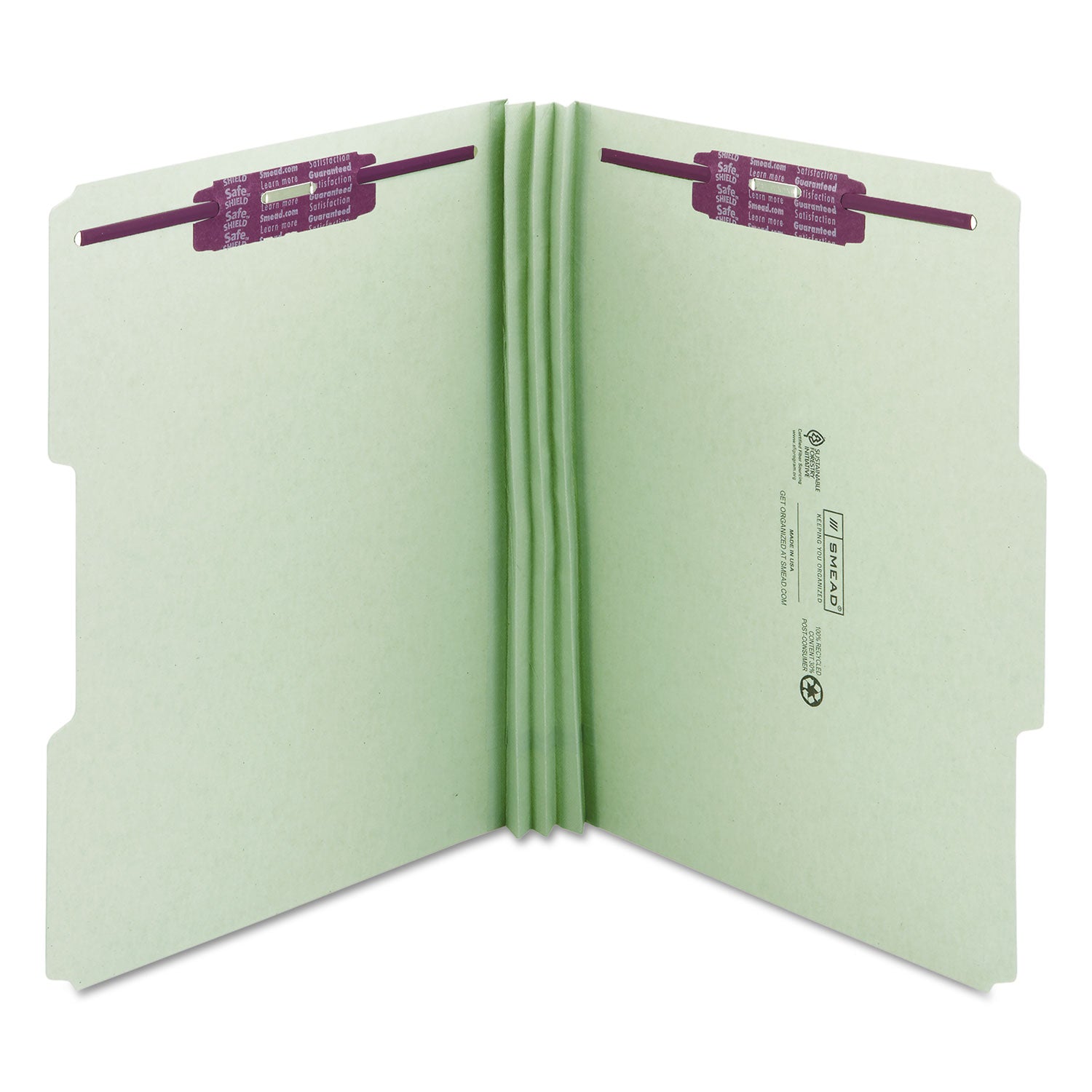 Smead Recycled Pressboard Fastener Folders, 1/3-Cut Tabs, Two SafeSHIELD Fasteners, 3" Expansion, Letter Size, Gray-Green, 25/Box