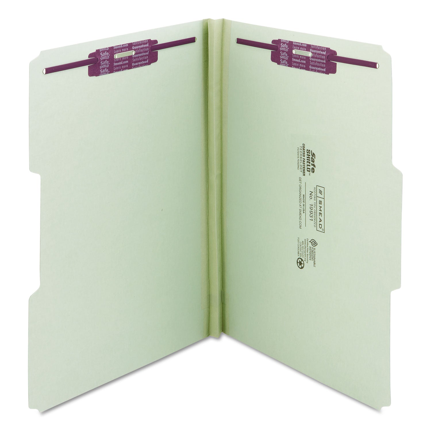 Smead Recycled Pressboard Fastener Folders, 1/3-Cut Tabs, Two SafeSHIELD Fasteners, 1" Expansion, Legal Size, Gray-Green, 25/Box