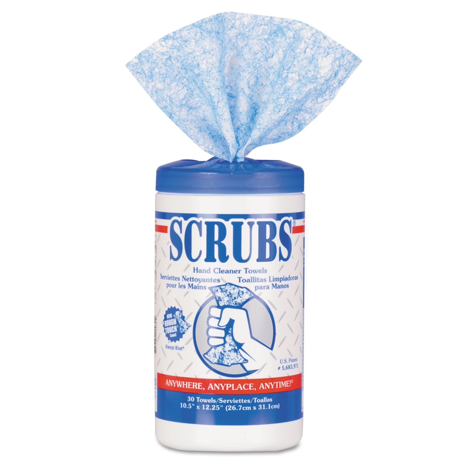 SCRUBS® Hand Cleaner Towels, 1-Ply, 10 x 12, Citrus, Blue/White, 30/Canister, 6/Carton