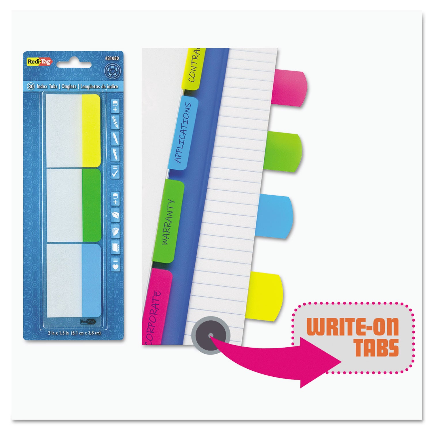 Redi-Tag® Write-On Index Tabs, 1/5-Cut, Assorted Colors, 2" Wide, 48/Pack