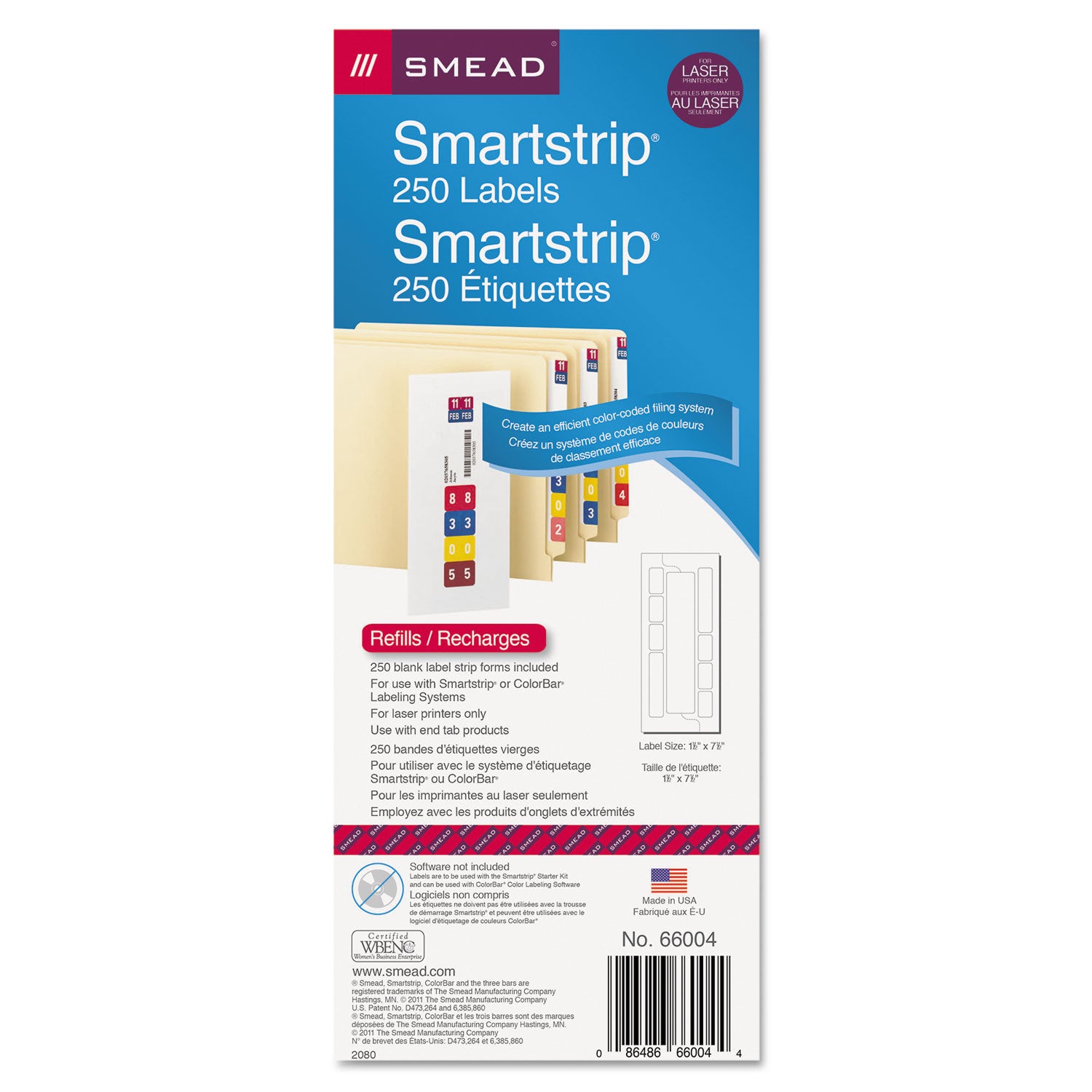 Color-Coded Smartstrip Refill Label Forms, Laser Printer, Assorted, 1.5 x 7.5, White, 250/Pack