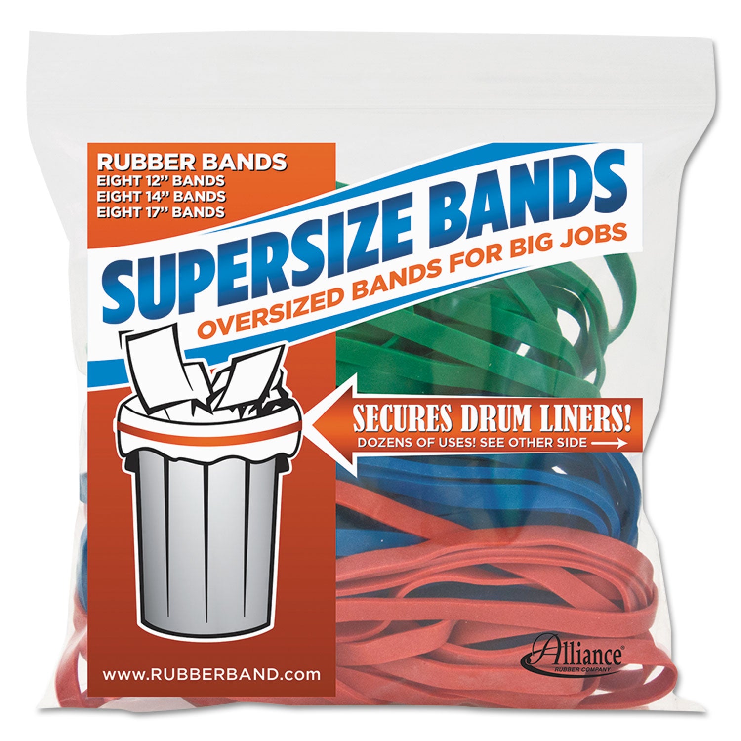 SuperSize Bands, 0.25" Wide, Assorted Lengths (12", 14" and 17"), 4,060 psi Max Elasticity, Assorted Colors, 24/Pack