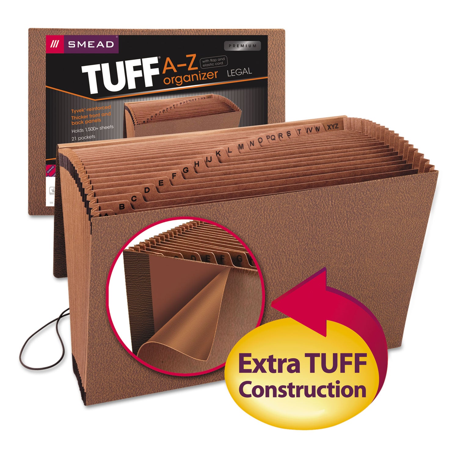 Smead TUFF Expanding Wallet, 21 Sections, Elastic Cord Closure, 1/21-Cut Tabs, Legal Size, Redrope