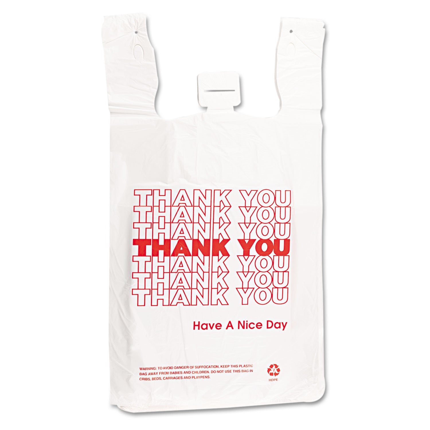 Barnes Paper Company Plastic Thank-You T-Sack, Thank You - Have a Nice Day Labeling, Cut-Out Handles, 4" x 6" x 15", White/Red, 2,000/Carton