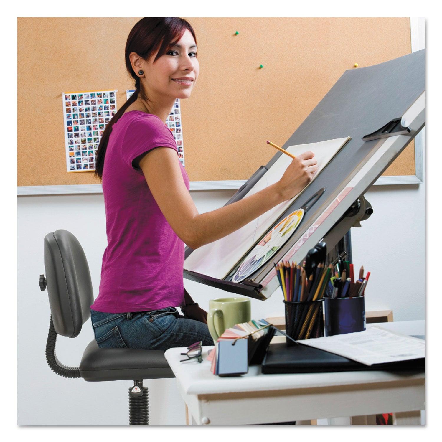 Safco® Precision Extended-Height Swivel Stool, Adjustable Footring, Supports 250 Lb, 23" To 33" Seat Height, Black Vinyl, Black Base