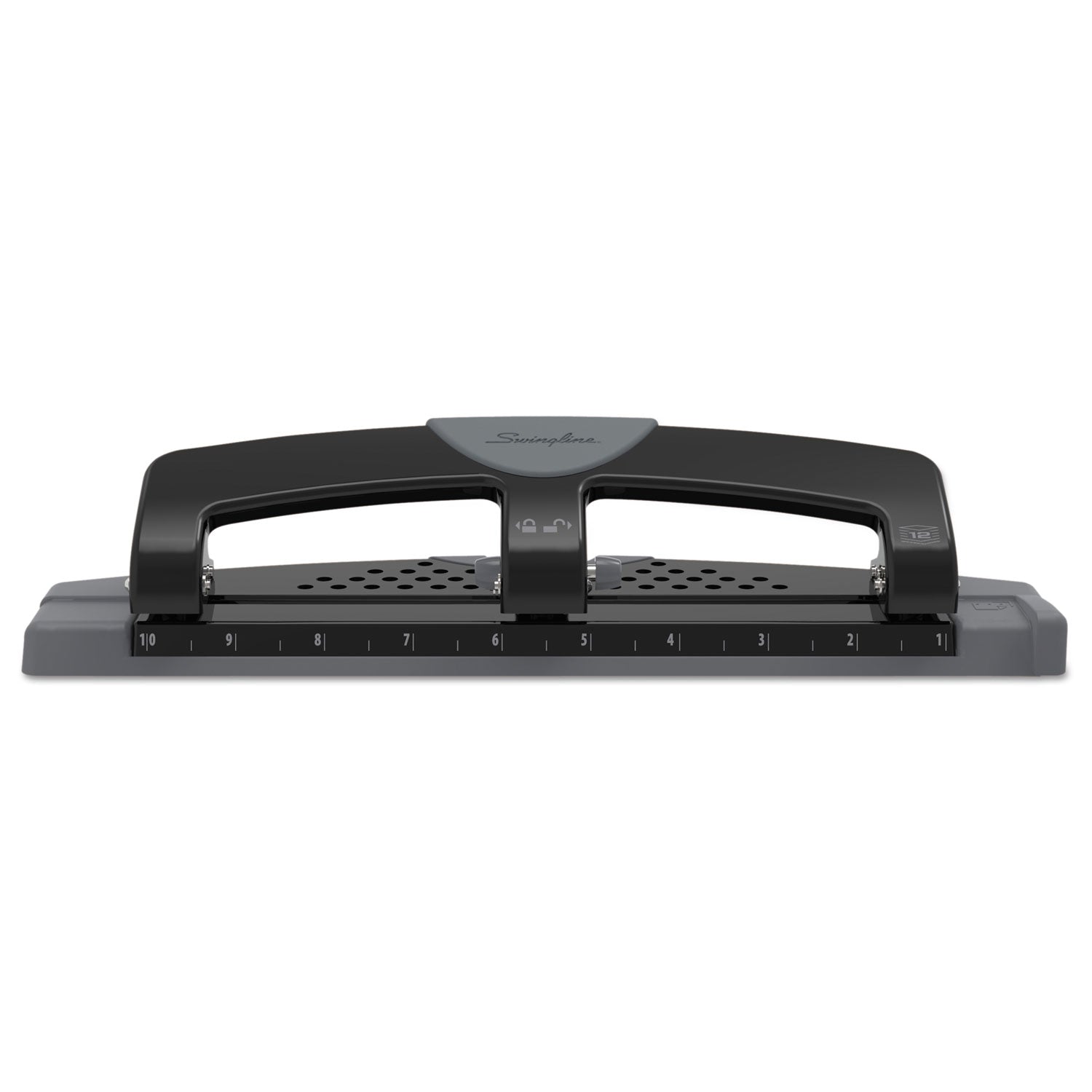 Swingline® 12-Sheet Smarttouch Three-Hole Punch, 9/32" Holes, Black/gray