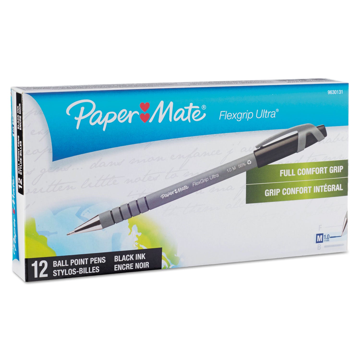Paper Mate® FlexGrip Ultra Recycled Ballpoint Pen, Stick, Medium 1 mm, Black Ink, Gray Barrel, Dozen