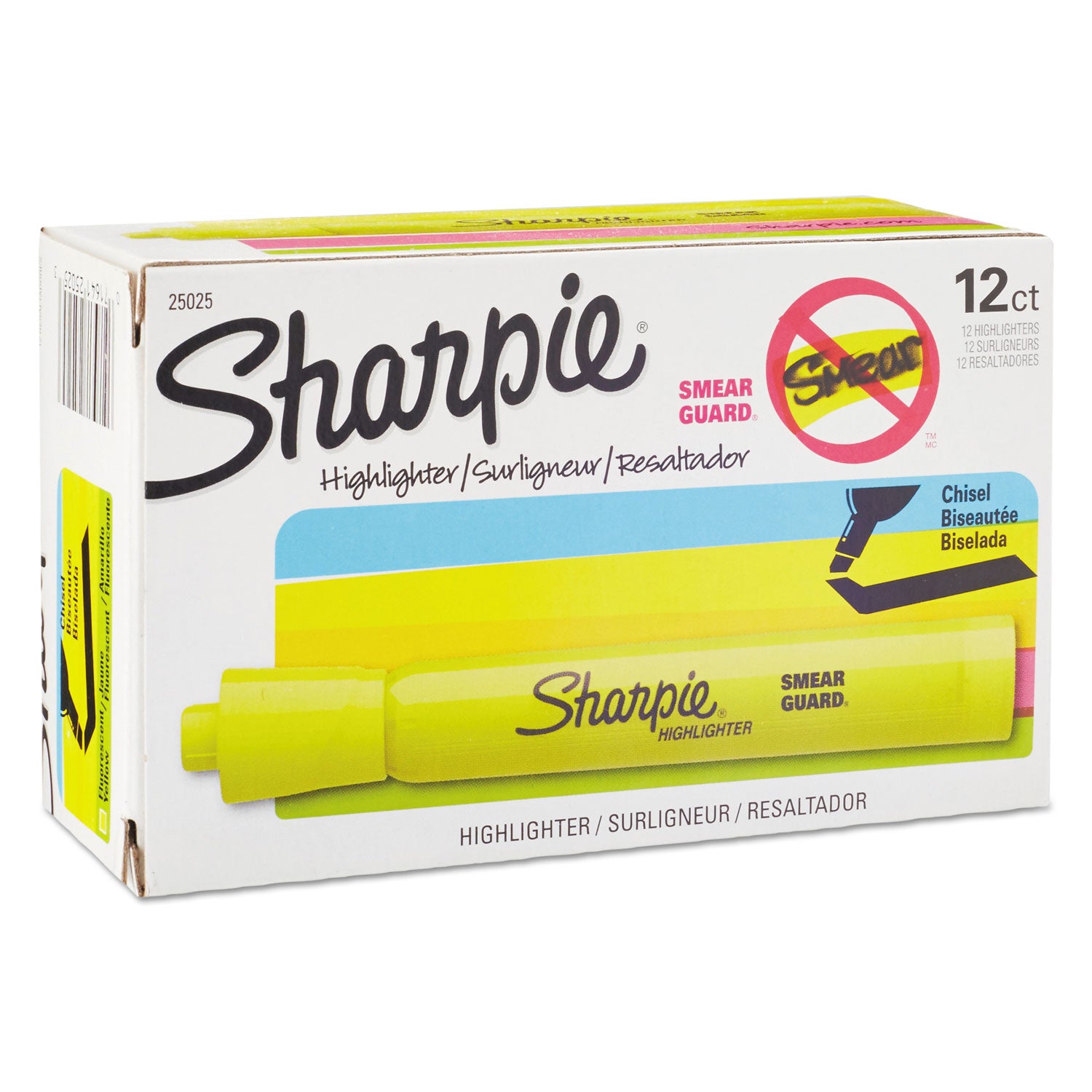 Sharpie® Tank Style Highlighters, Fluorescent Yellow Ink, Chisel Tip, Yellow Barrel, Dozen