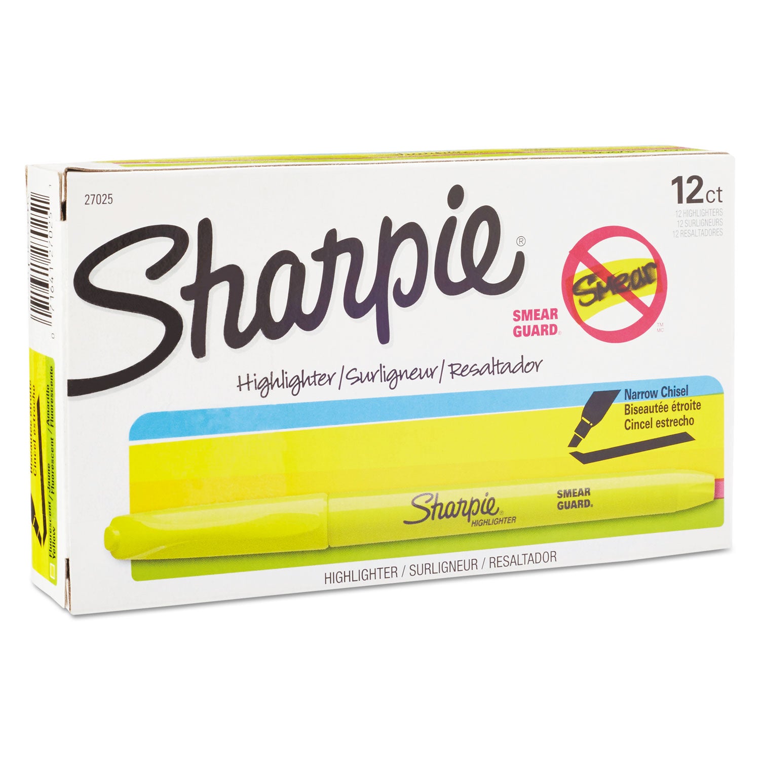 Sharpie® Pocket Style Highlighters, Fluorescent Yellow Ink, Chisel Tip, Yellow Barrel, Dozen