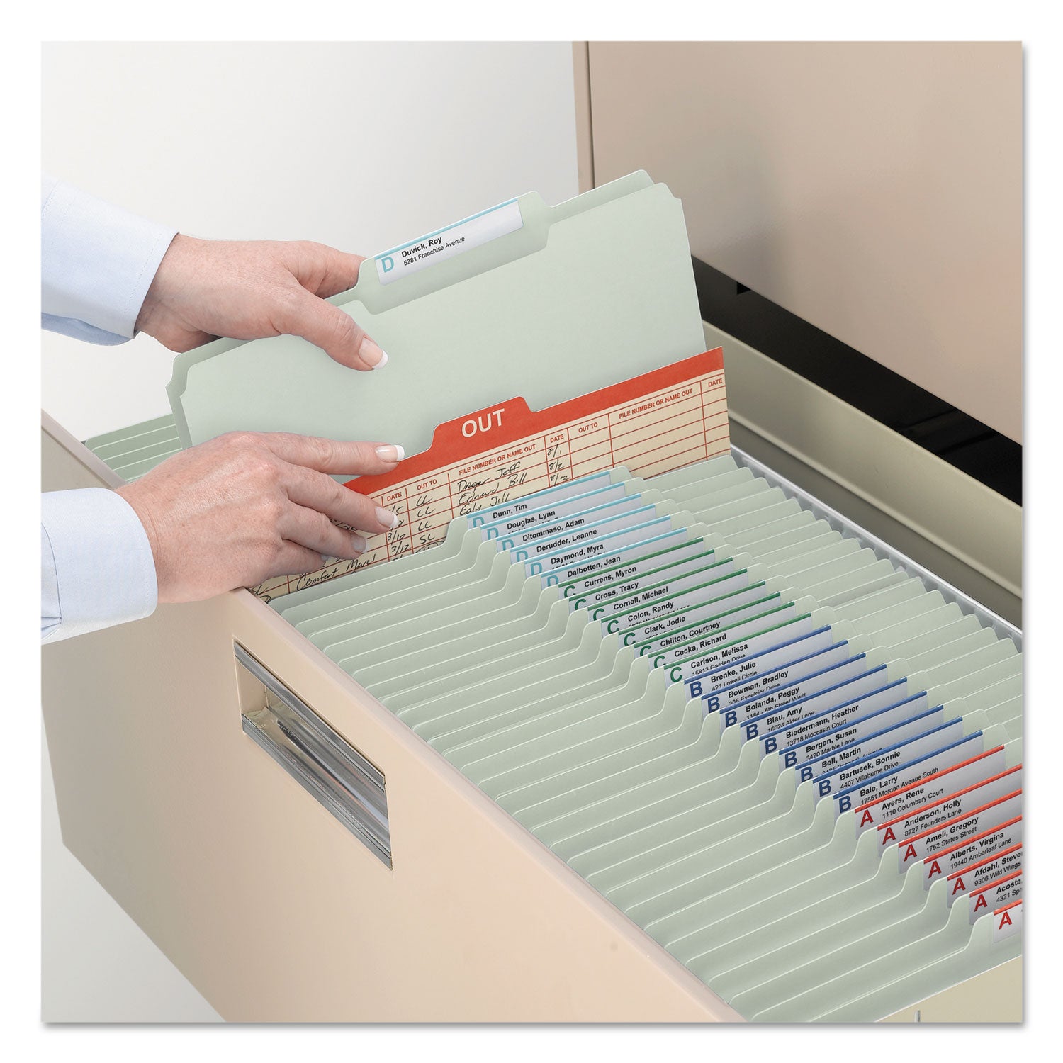 Smead Recycled Pressboard Folders, Two SafeSHIELD Coated Fasteners, 2/5-Cut: R of C, 2" Expansion, Letter Size, Gray-Green, 25/Box