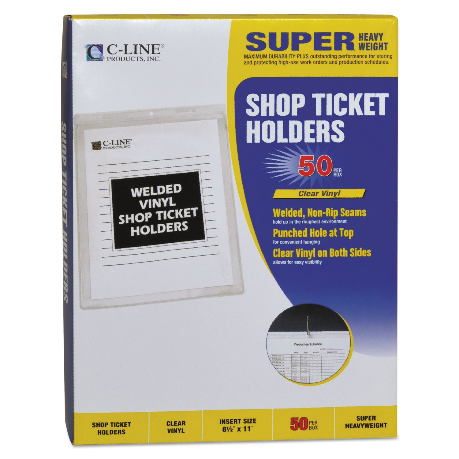 C-Line® Clear Vinyl Shop Ticket Holders, Both Sides Clear, 15 Sheets, 8.5 x 11, 50/Box