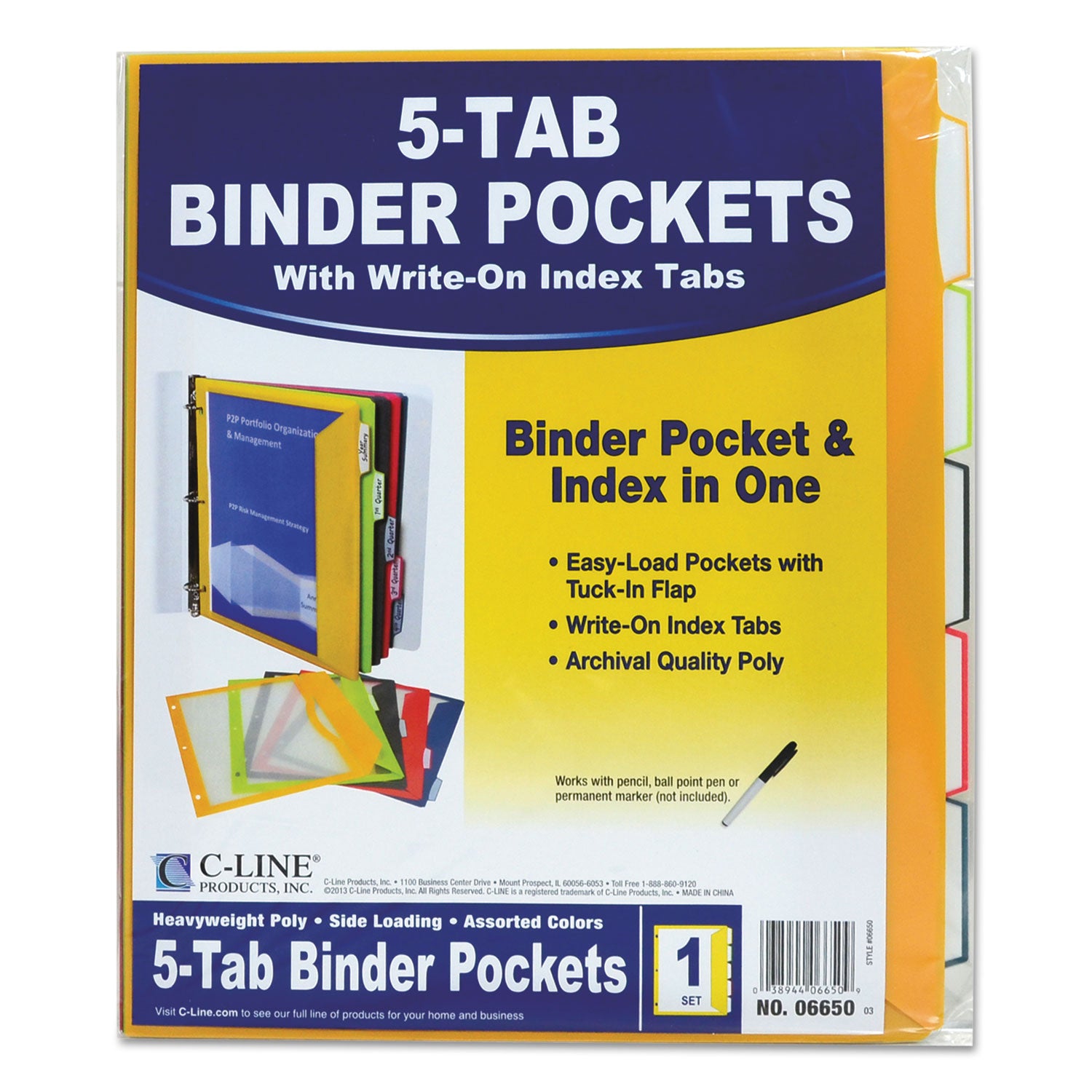 C-Line® Binder Pocket With Write-On Index Tabs, 9.88 X 11.38, Assorted, 5/set