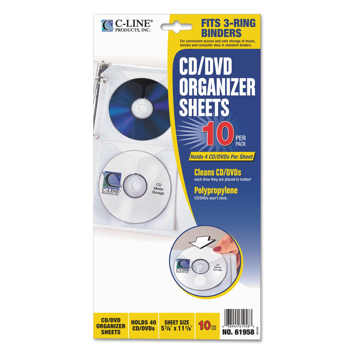 C-Line® Deluxe CD Ring Binder Storage Pages, Standard, 4 Disc Capacity, Clear/White, 10/Pack