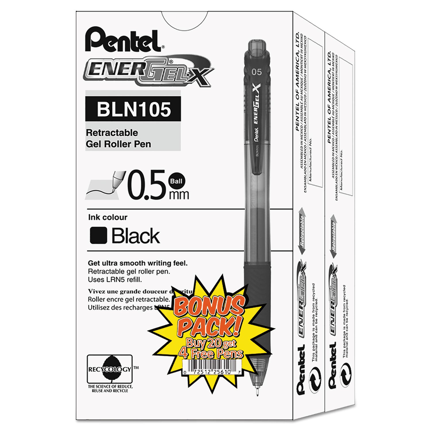 Pentel® EnerGel-X Gel Pen, Retractable, Fine 0.5 mm, Black Ink, Clear/Black Barrel, 24/Pack