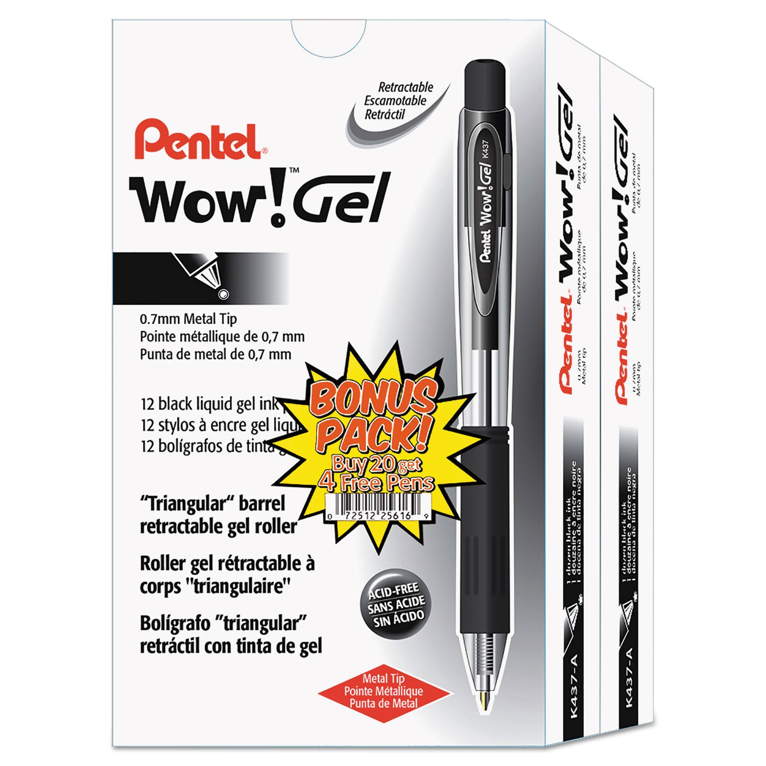 Pentel® WOW! Gel Pen, Retractable, Medium 0.7 mm, Black Ink, Clear/Black Barrel, 24/Pack