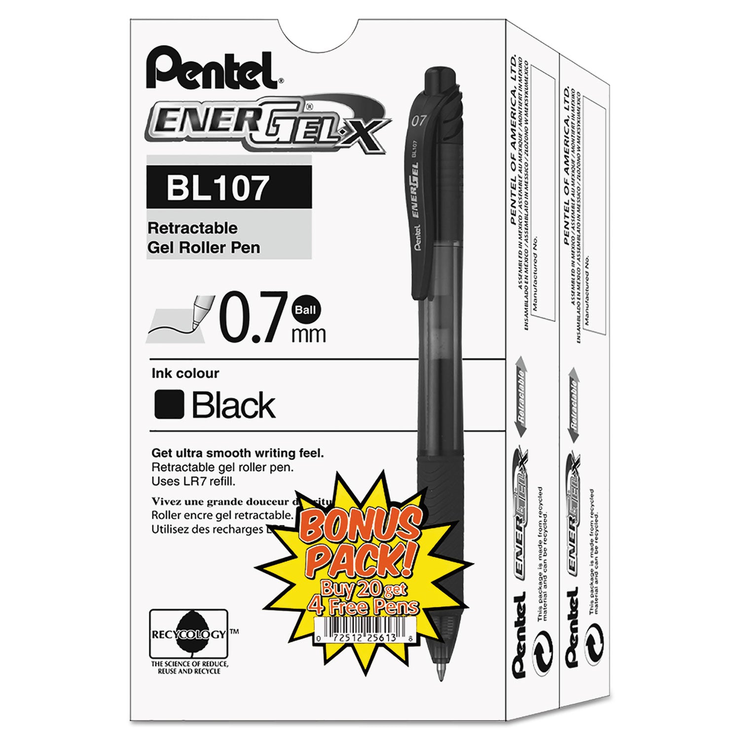 Pentel® EnerGel-X Gel Pen, Retractable, Medium 0.7 mm, Black Ink, Smoke/Black Barrel, 24/Pack