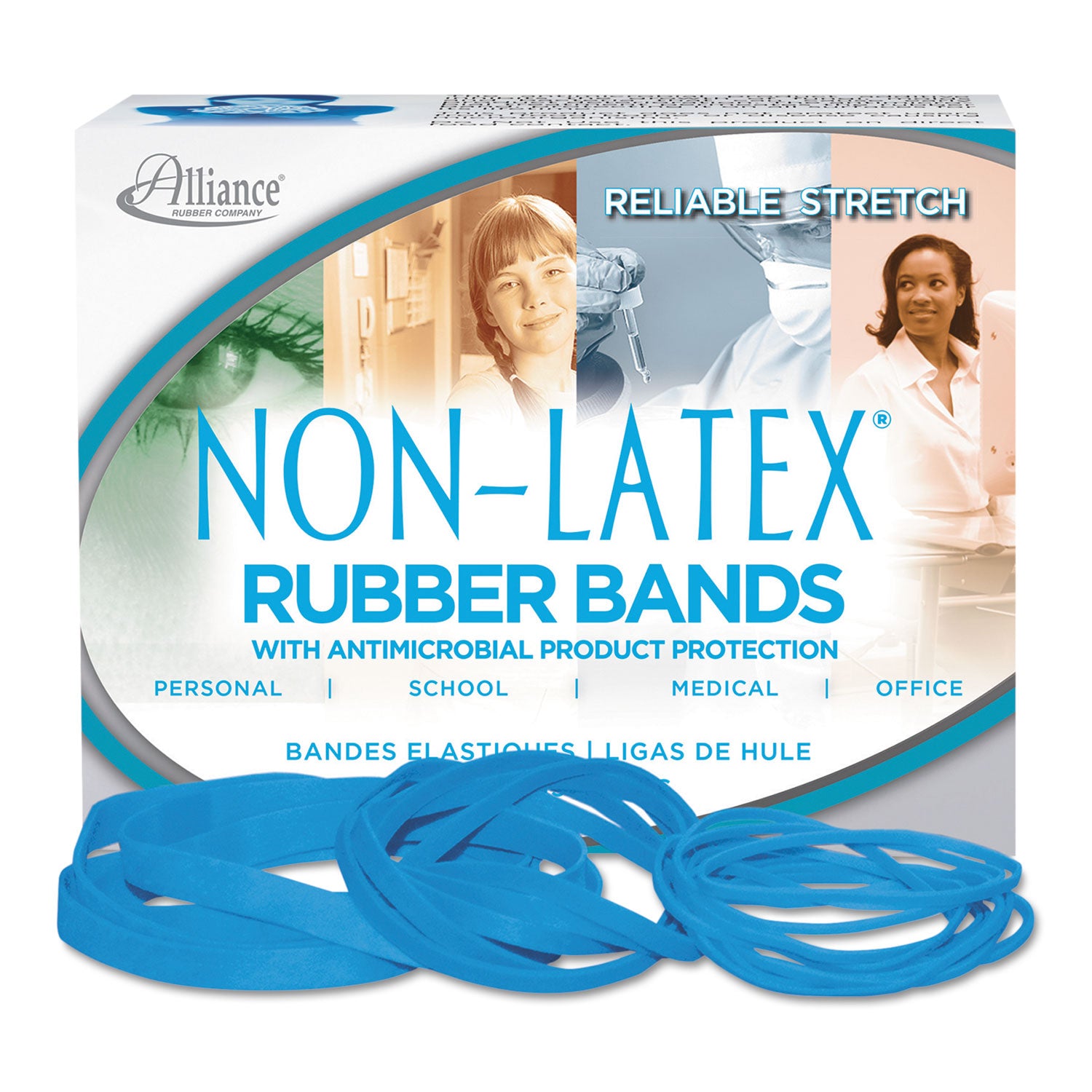 Alliance® Antimicrobial Non-Latex Rubber Bands, Size 64, 0.04" Gauge, Cyan Blue, 4 Oz Box, 95/box