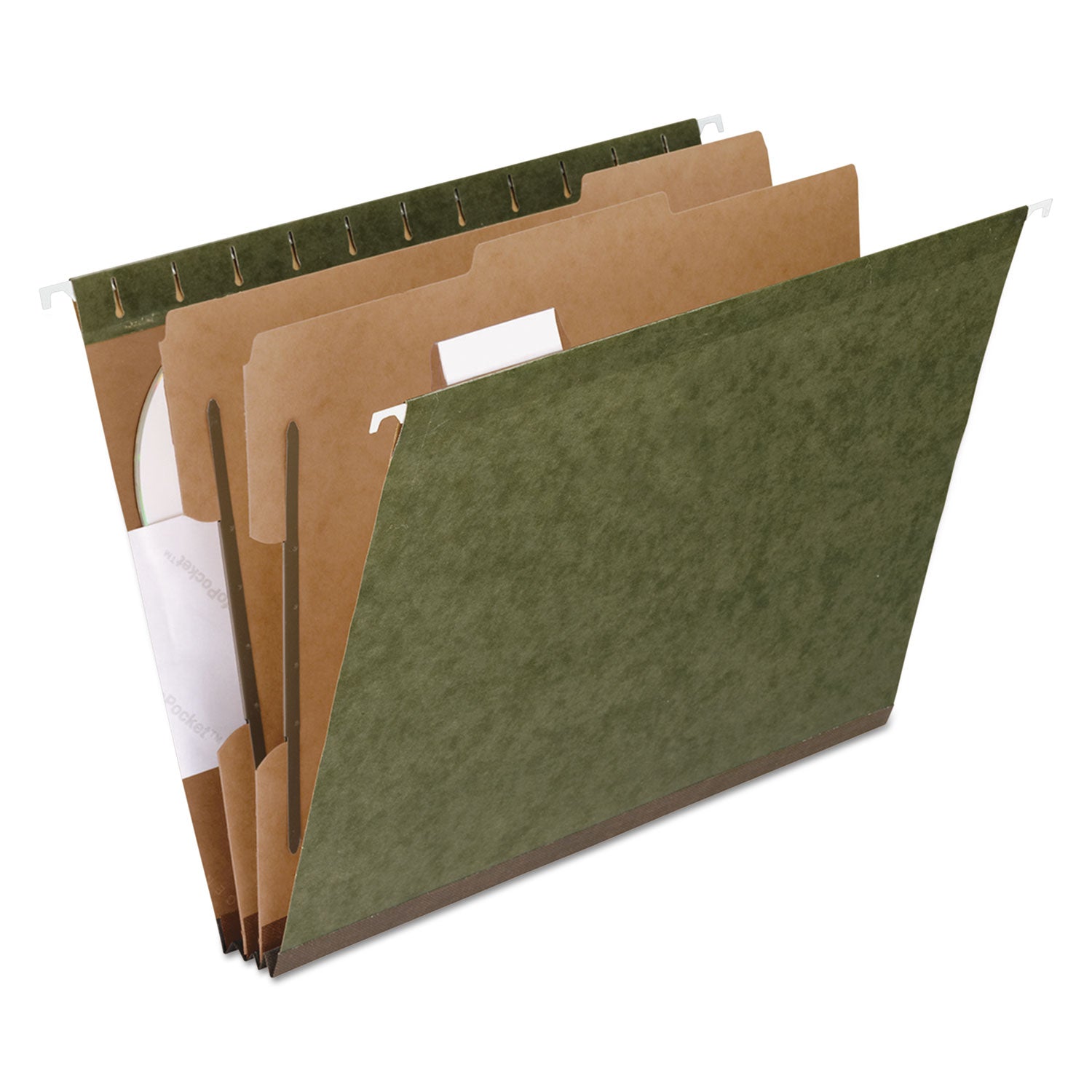 Pendaflex® SureHook Reinforced Hanging Divider Folders, 2" Expansion, 2 Dividers, 4 Fasteners, Letter Size, Green Exterior, 10/Box
