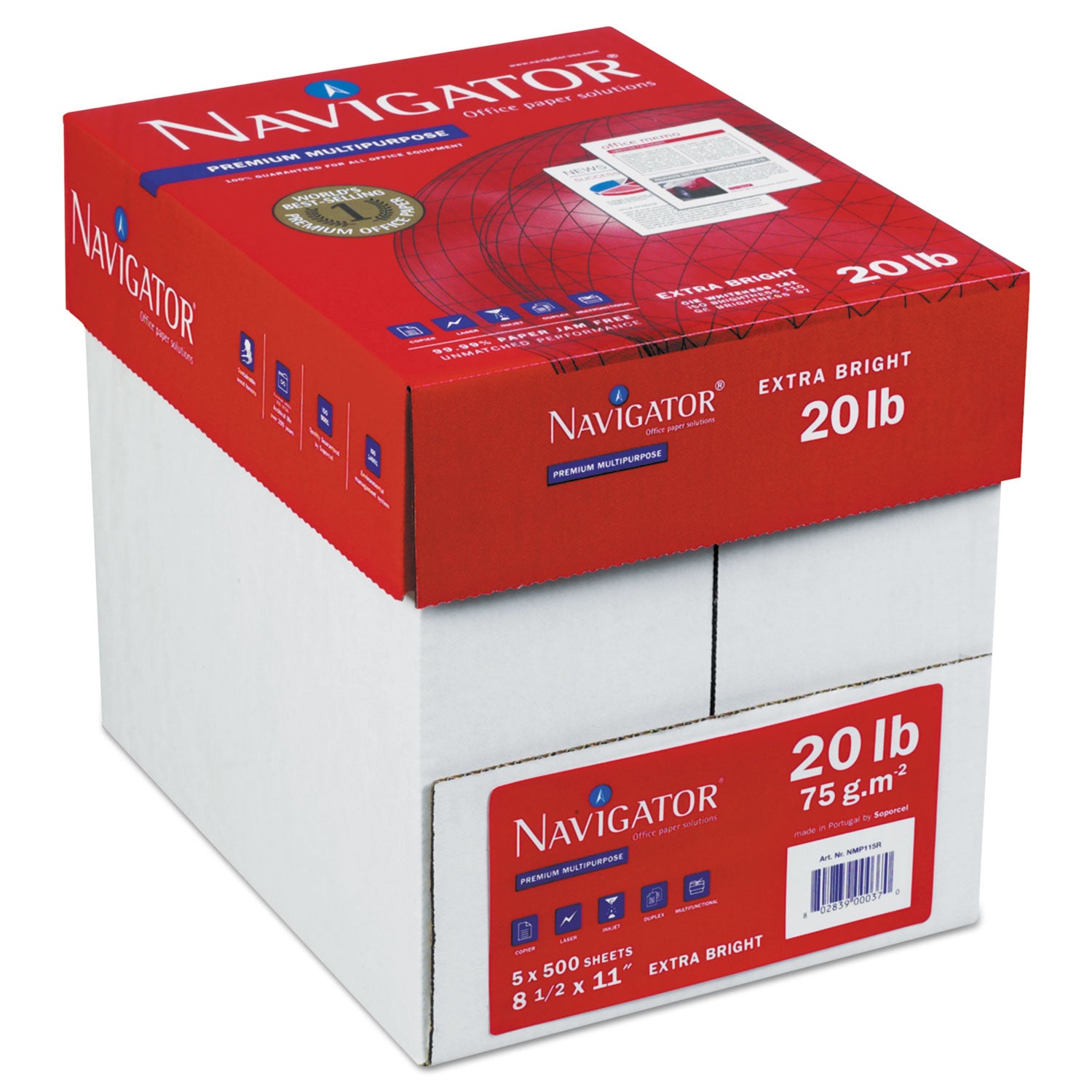 Navigator® Premium Multipurpose Copy Paper, 97 Bright, 20lb Bond Weight, 8.5 x 11, White, 500/Ream, 10 Reams/Carton, 40 Cartons/Pallet